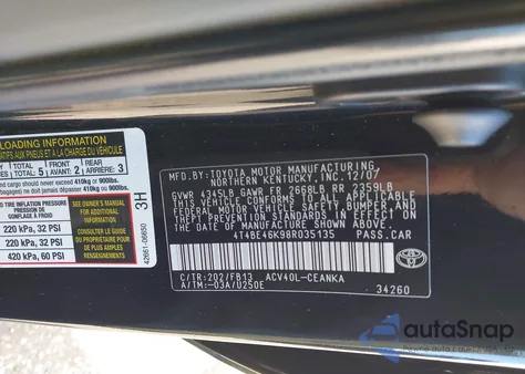 2008 Toyota Camry Le из США, поврежденный, VIN 4T4BE46K98R035135